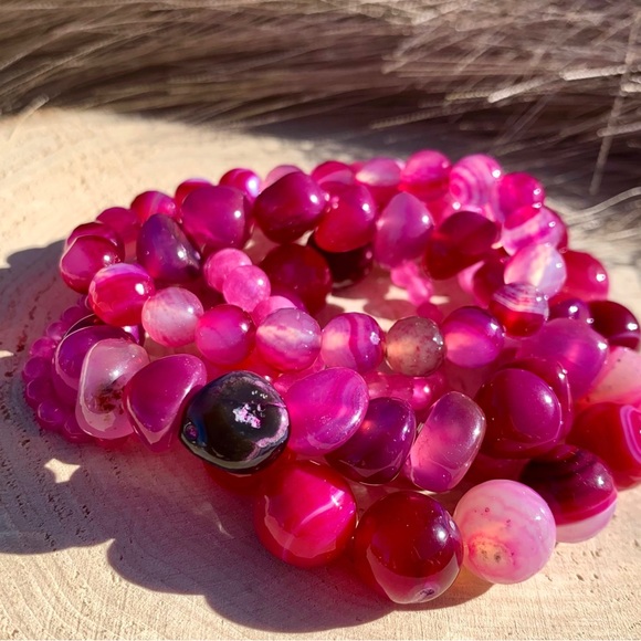 Natural Pink Striped Agate & Genuine Tourmaline Pink Quartz Gemstone Bracelet - Picture 4 of 15